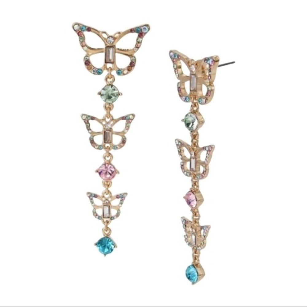 Betsey Johnson Pastel Rhinestone Butterfly Tiered Dangle Drop Earrings New